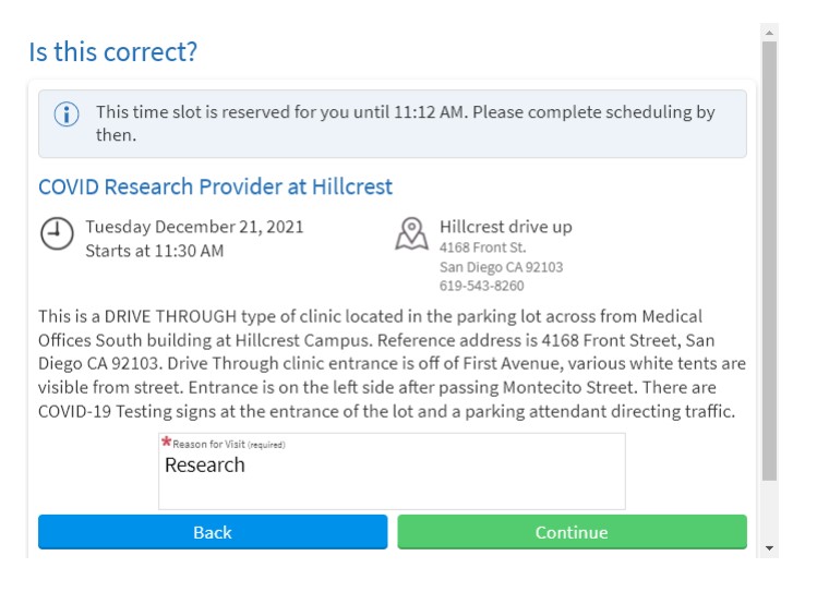 Second appointment screen on MyChart