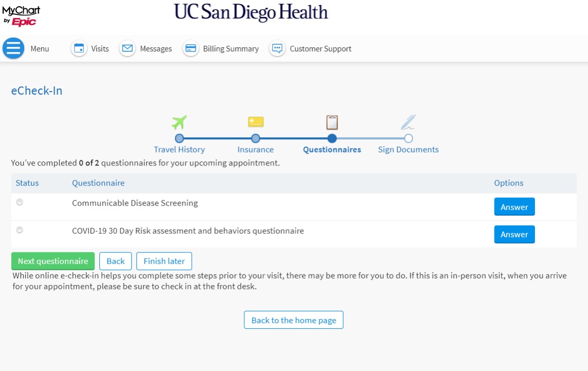 MyChart showing the 2 study questionnaires