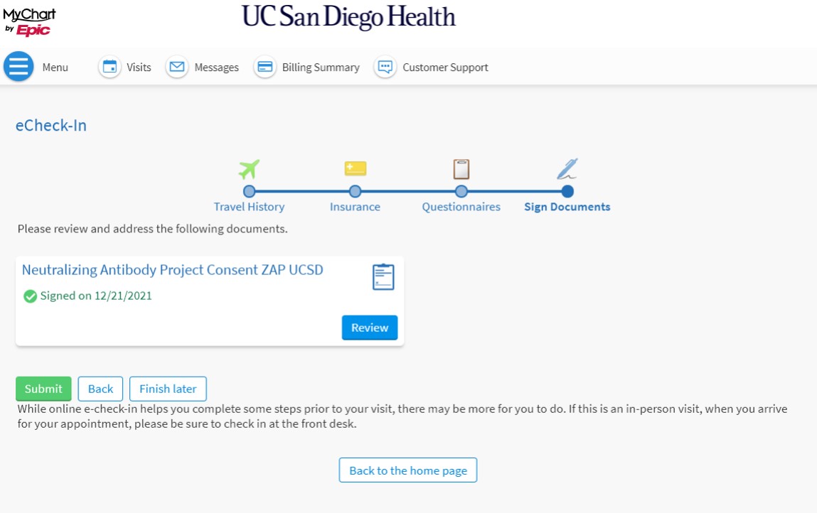 MyChart showing the study consent form